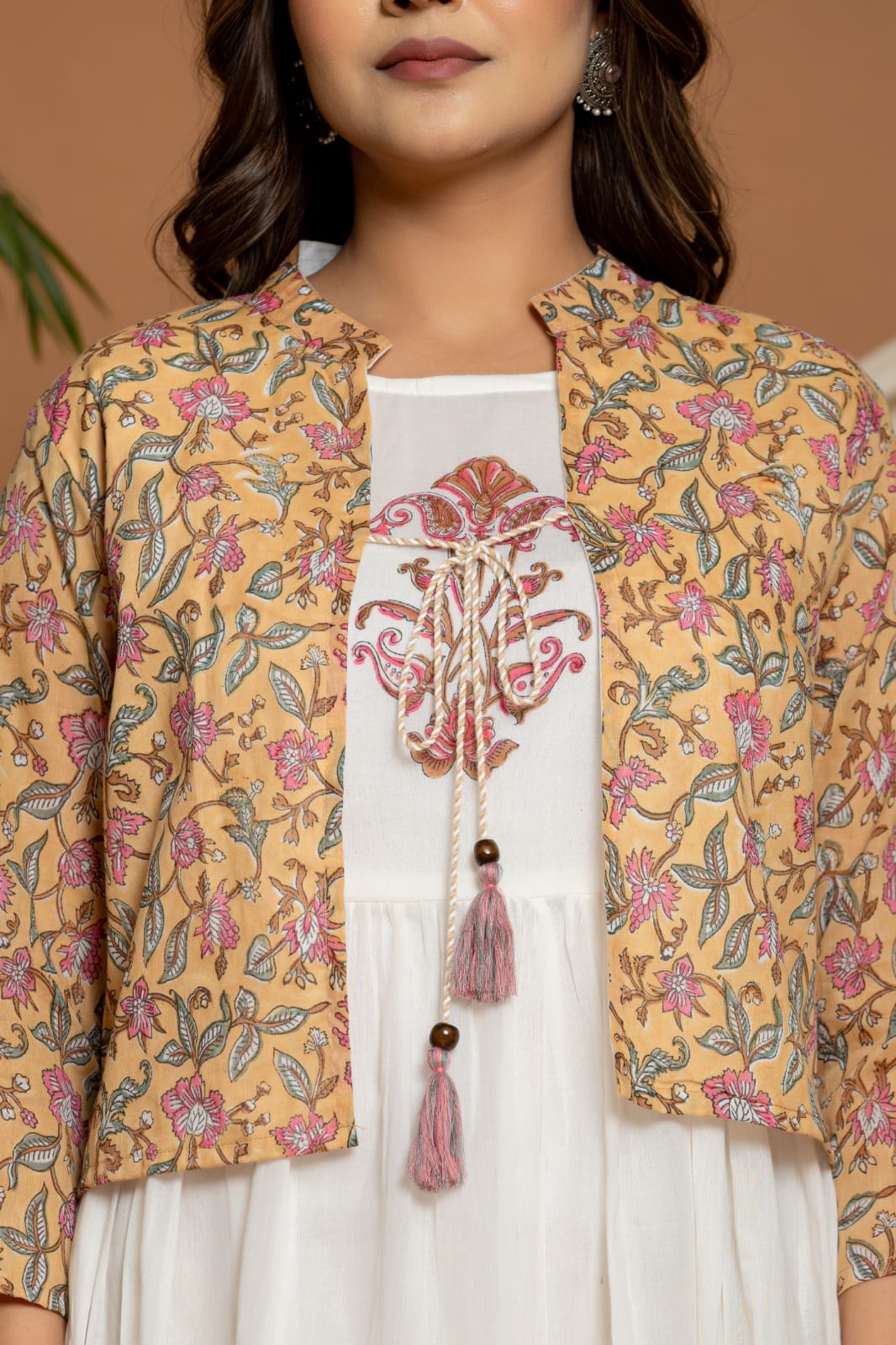 Elegant White Anarkali Dress with Printed Jacket – Ethnic Floral Block Print Long Kurta Set