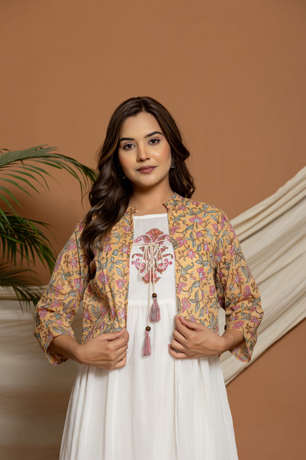 Elegant White Anarkali Dress with Printed Jacket – Ethnic Floral Block Print Long Kurta Set