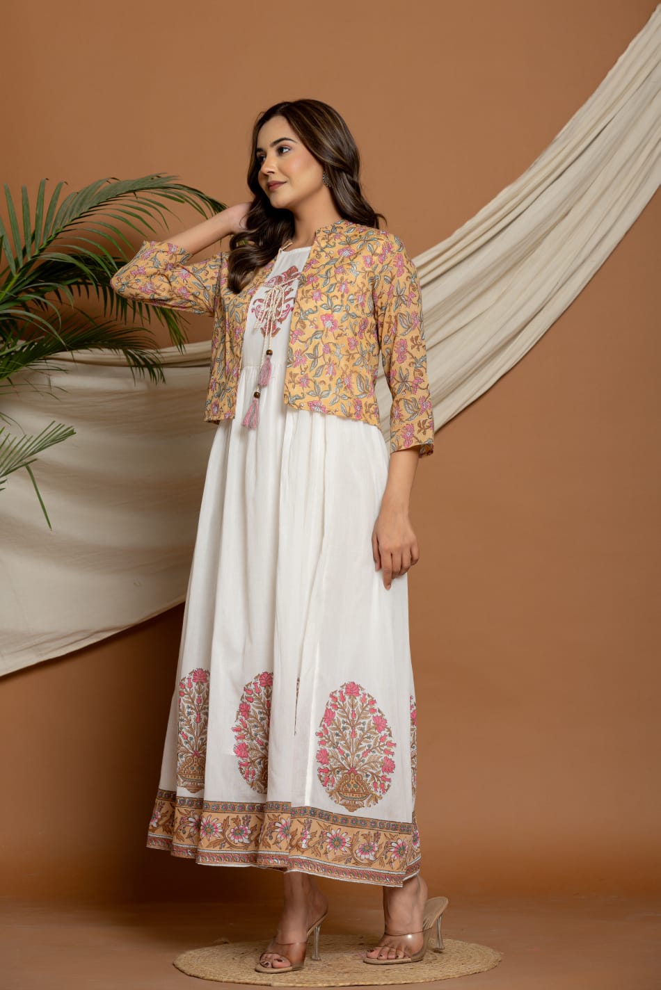 Elegant White Anarkali Dress with Printed Jacket – Ethnic Floral Block Print Long Kurta Set