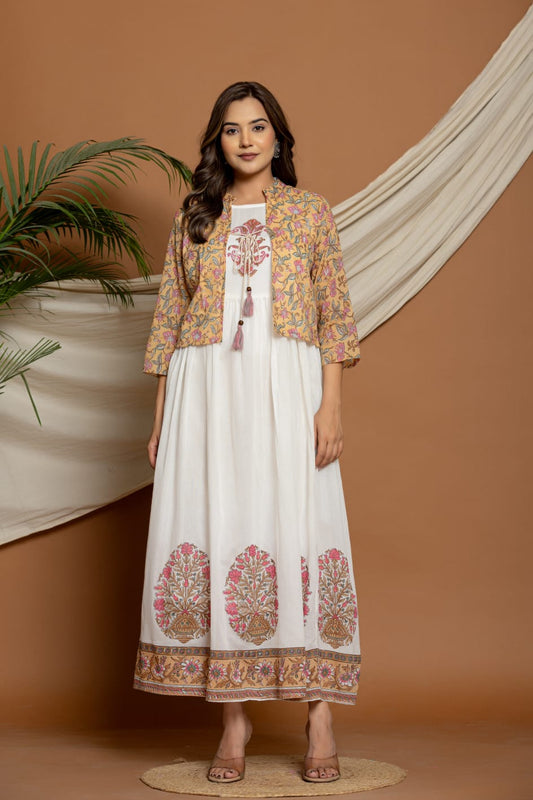 Elegant White Anarkali Dress with Printed Jacket – Ethnic Floral Block Print Long Kurta Set