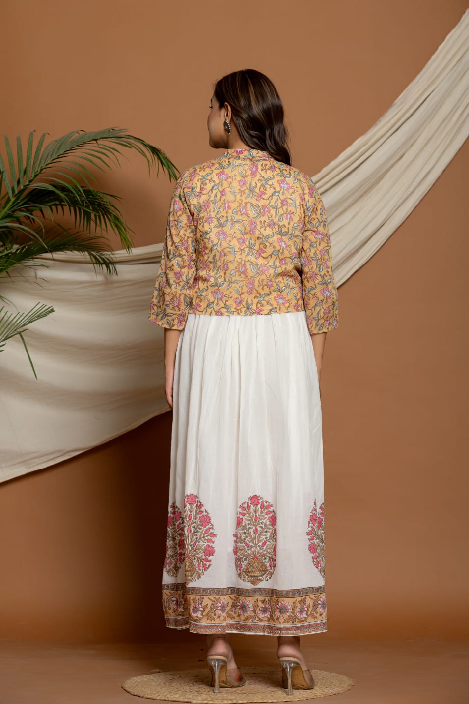 Elegant White Anarkali Dress with Printed Jacket – Ethnic Floral Block Print Long Kurta Set