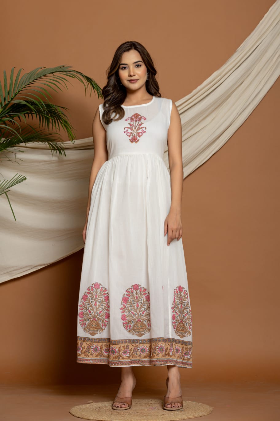 Elegant White Anarkali Dress with Printed Jacket – Ethnic Floral Block Print Long Kurta Set
