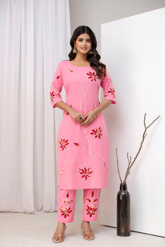 Elegant Pink Floral Embroidered Kurta Set with Dupatta – Festive & Ethnic Wear