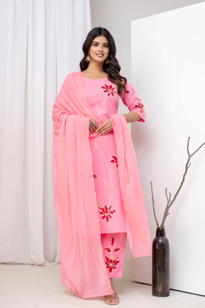 Elegant Pink Floral Embroidered Kurta Set with Dupatta – Festive & Ethnic Wear