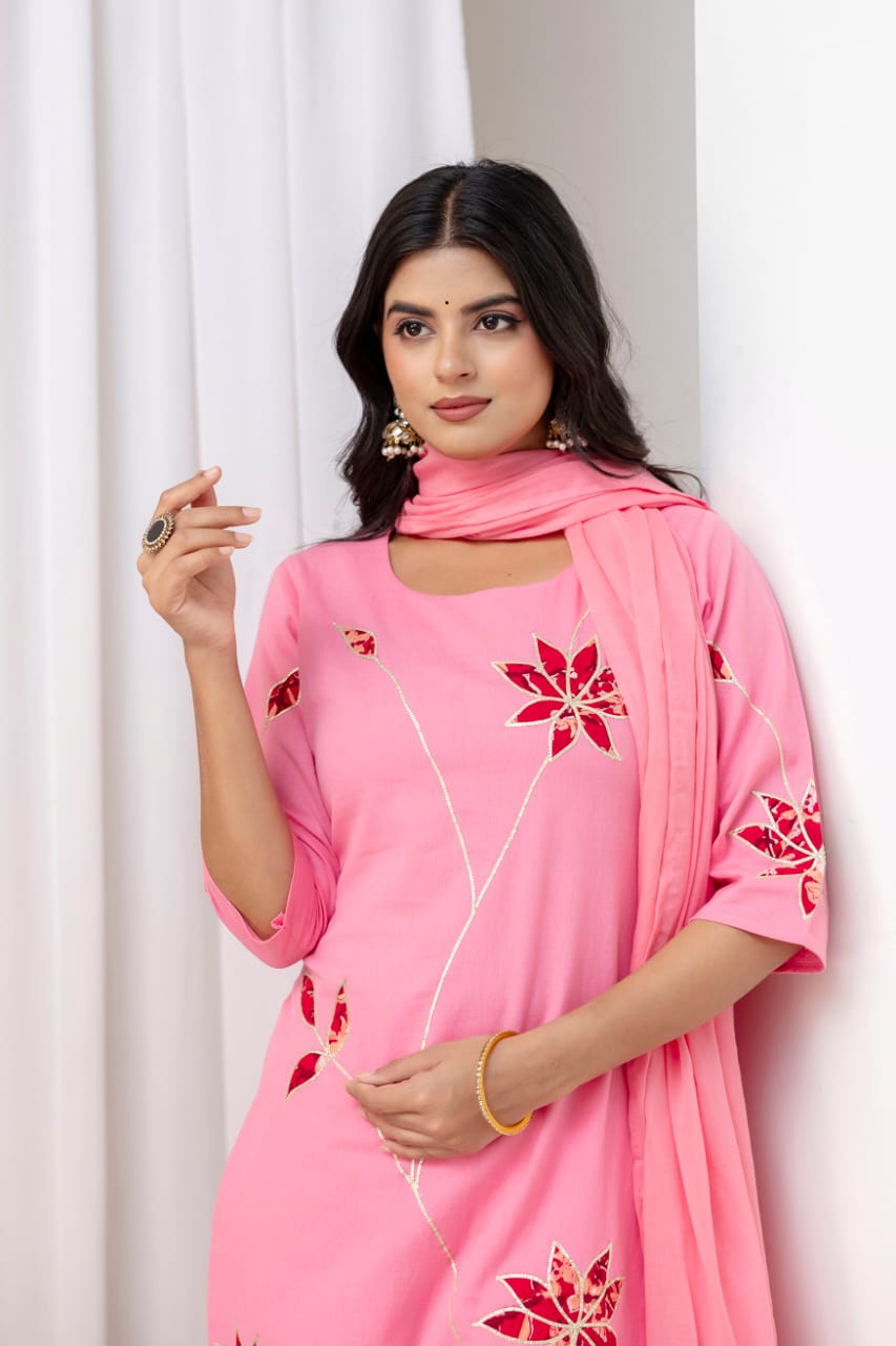 Elegant Pink Floral Embroidered Kurta Set with Dupatta – Festive & Ethnic Wear