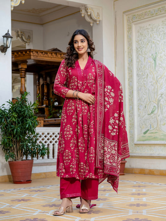 Maroon Gold Printed Anarkali Kurta Set with Dupatta – Elegant Ethnic Festive Wear