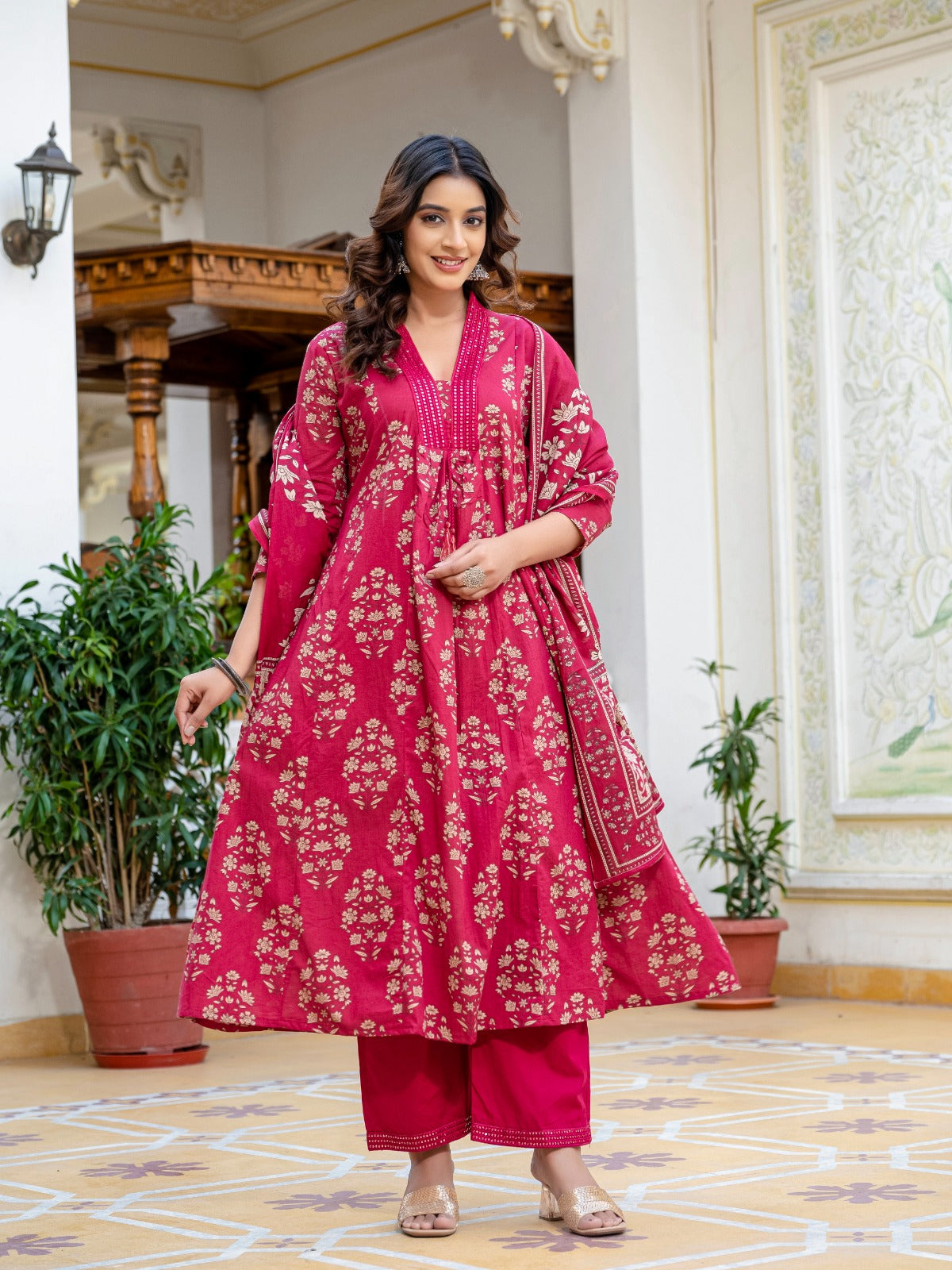 Maroon Gold Printed Anarkali Kurta Set with Dupatta – Elegant Ethnic Festive Wear