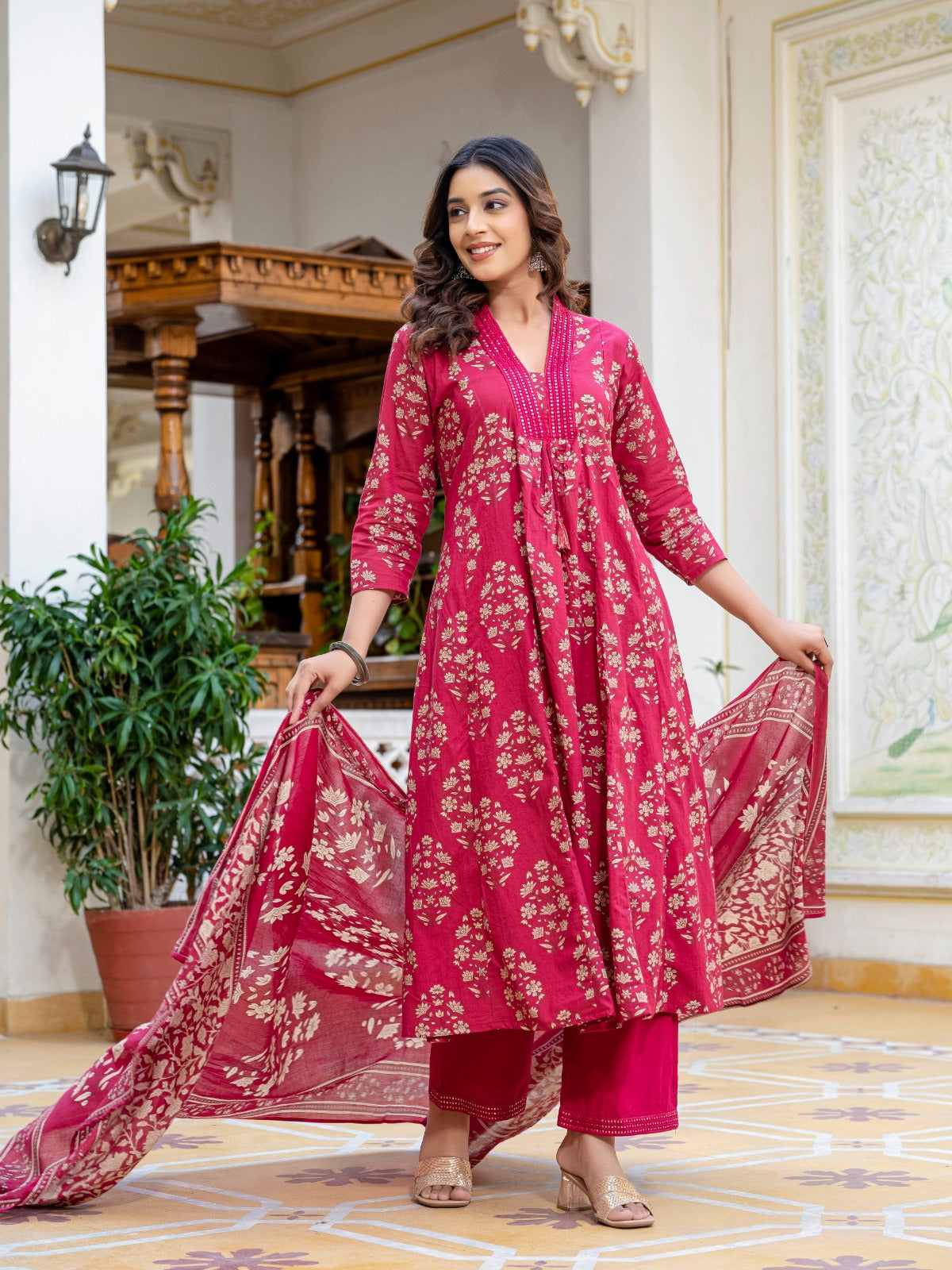 Maroon Gold Printed Anarkali Kurta Set with Dupatta – Elegant Ethnic Festive Wear