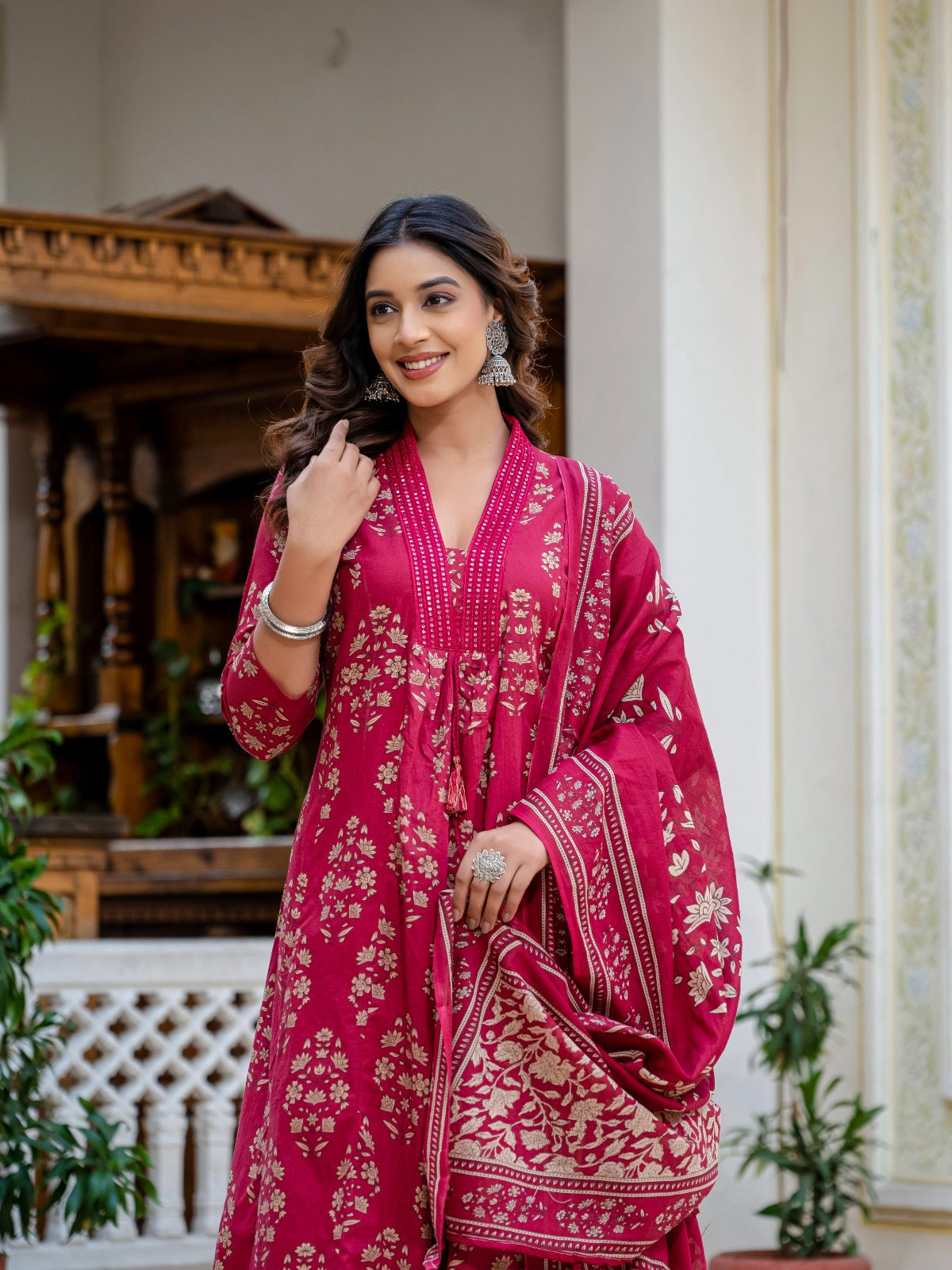 Maroon Gold Printed Anarkali Kurta Set with Dupatta – Elegant Ethnic Festive Wear