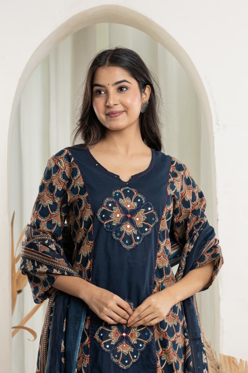Navy Blue Embroidered Kurta Set with Dupatta – Elegant Ethnic Festive Wear