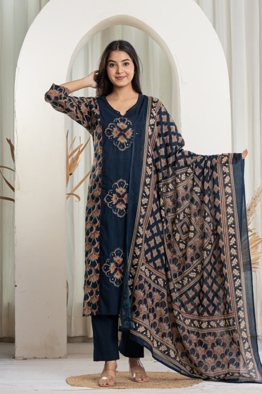 Navy Blue Embroidered Kurta Set with Dupatta – Elegant Ethnic Festive Wear