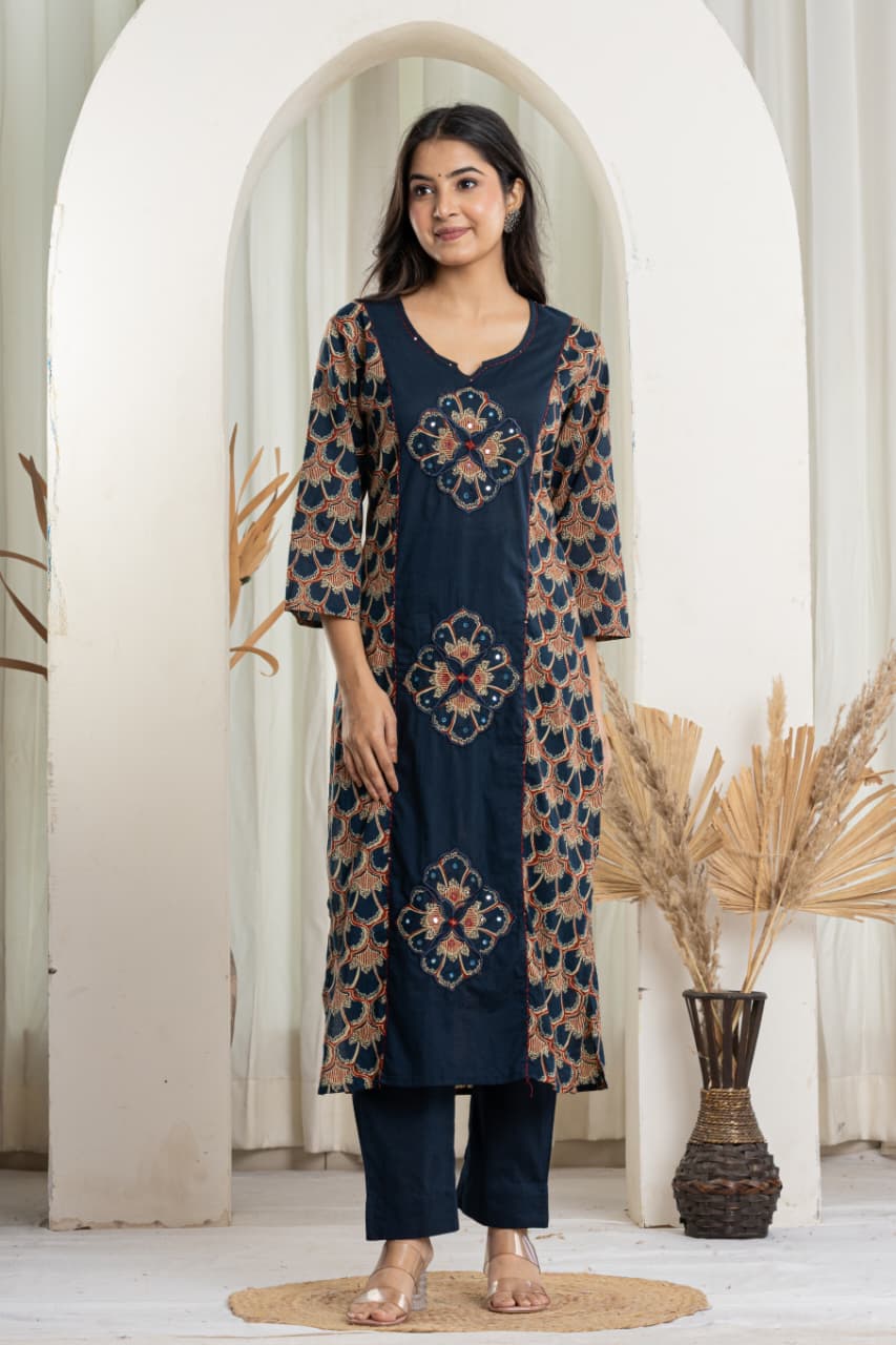 Navy Blue Embroidered Kurta Set with Dupatta – Elegant Ethnic Festive Wear