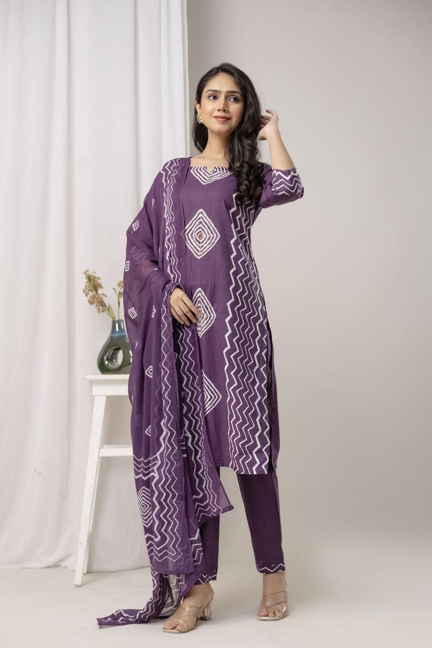Purple Geometric Printed Kurta Set with Dupatta – Stylish Ethnic Wear