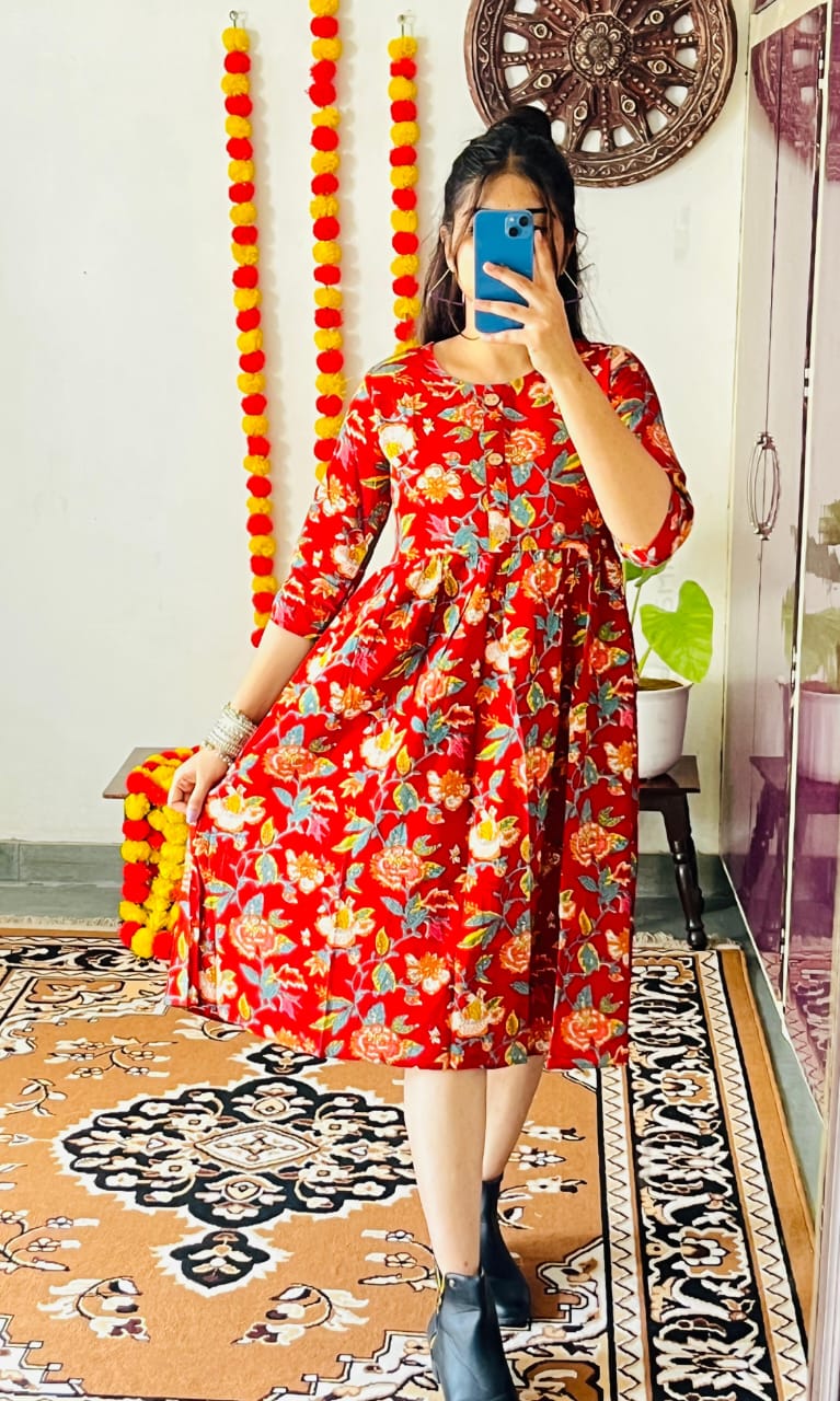Red Floral Printed Fit & Flare Midi Dress with 3/4 Sleeves