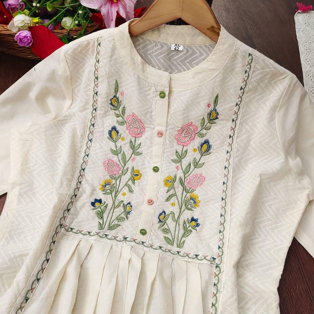 Women's White Embroidered Cotton Kurta Set with Straight Pants