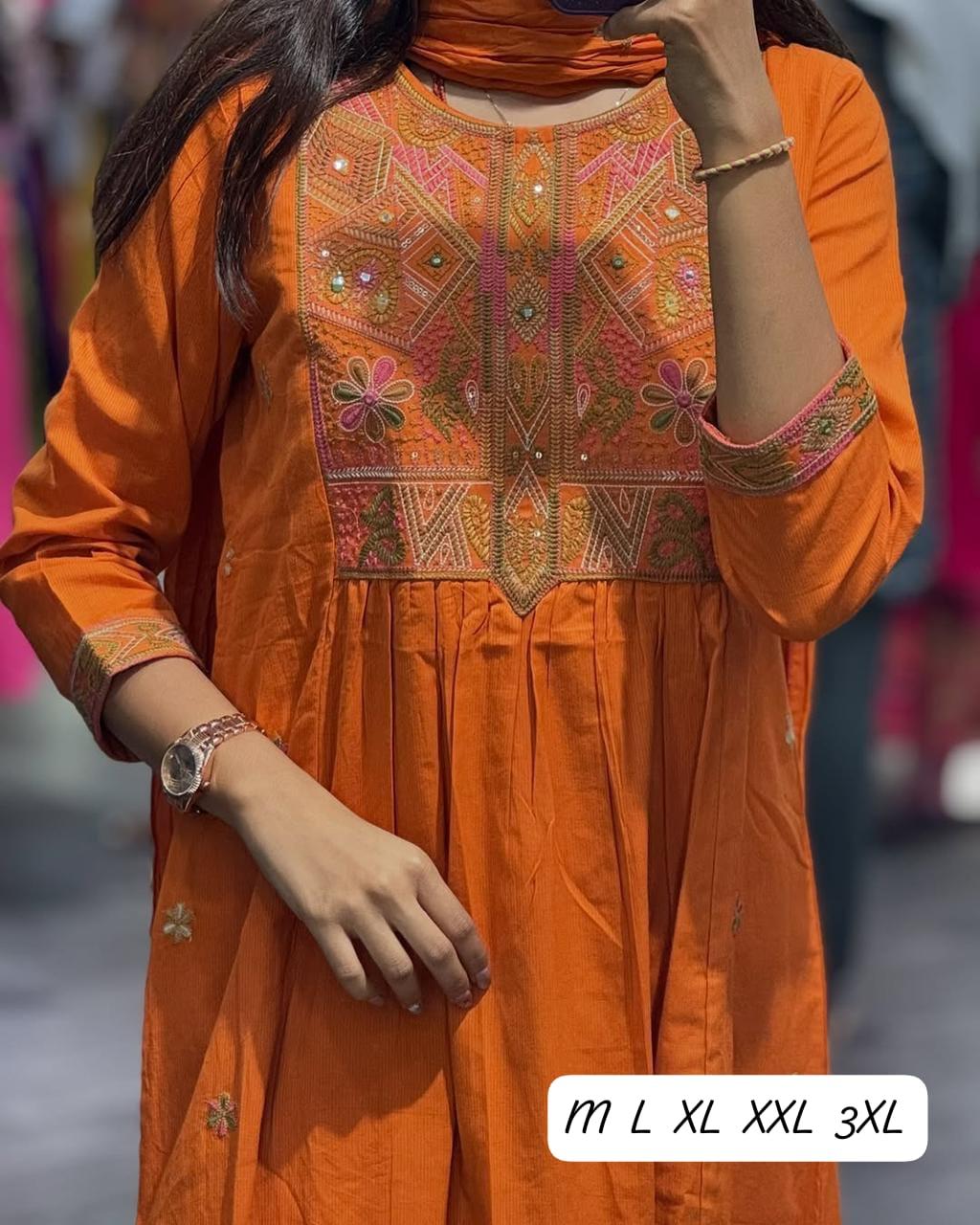 Women's Mirror Work & Embroidered Cotton Kurta with Dupatta