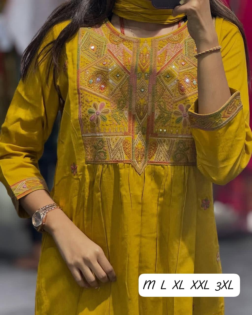 Women's Mirror Work & Embroidered Cotton Kurta with Dupatta