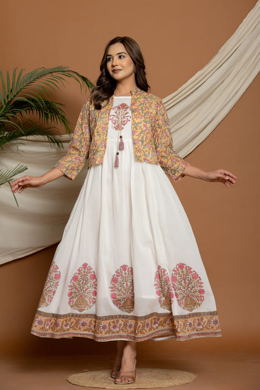 Elegant White Anarkali Dress with Printed Jacket – Ethnic Floral Block Print Long Kurta Set