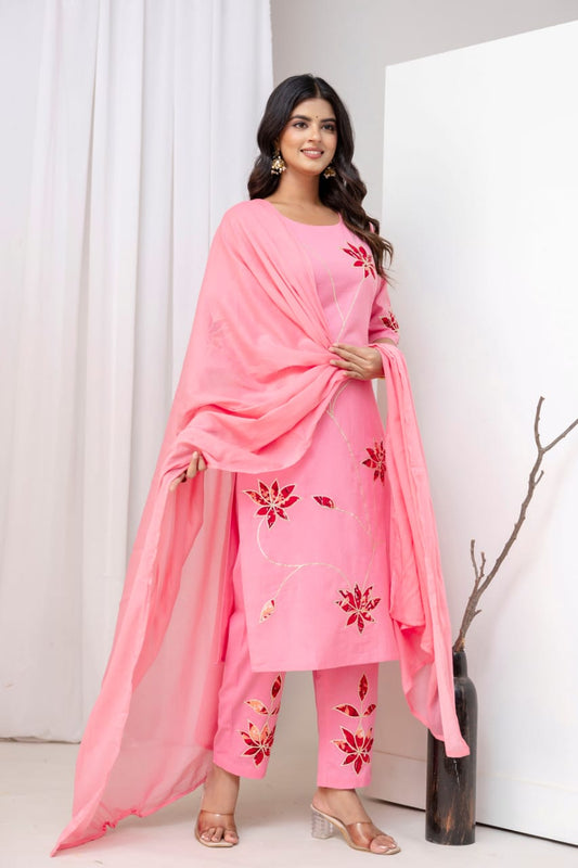 Elegant Pink Floral Embroidered Kurta Set with Dupatta – Festive & Ethnic Wear
