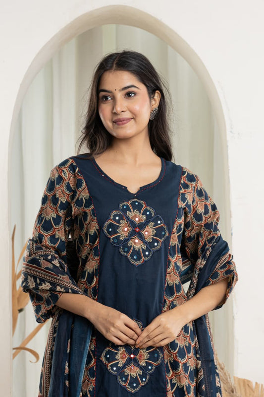 Navy Blue Embroidered Kurta Set with Dupatta – Elegant Ethnic Festive Wear