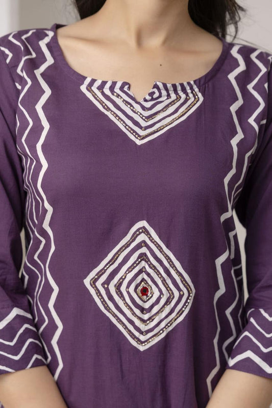 Purple Geometric Printed Kurta Set with Dupatta – Stylish Ethnic Wear