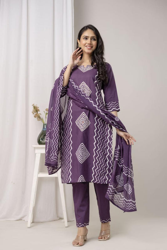 Purple Geometric Printed Kurta Set with Dupatta – Stylish Ethnic Wear