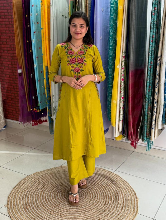 Mustard Yellow Cotton Kurta Set with Floral Embroidery
