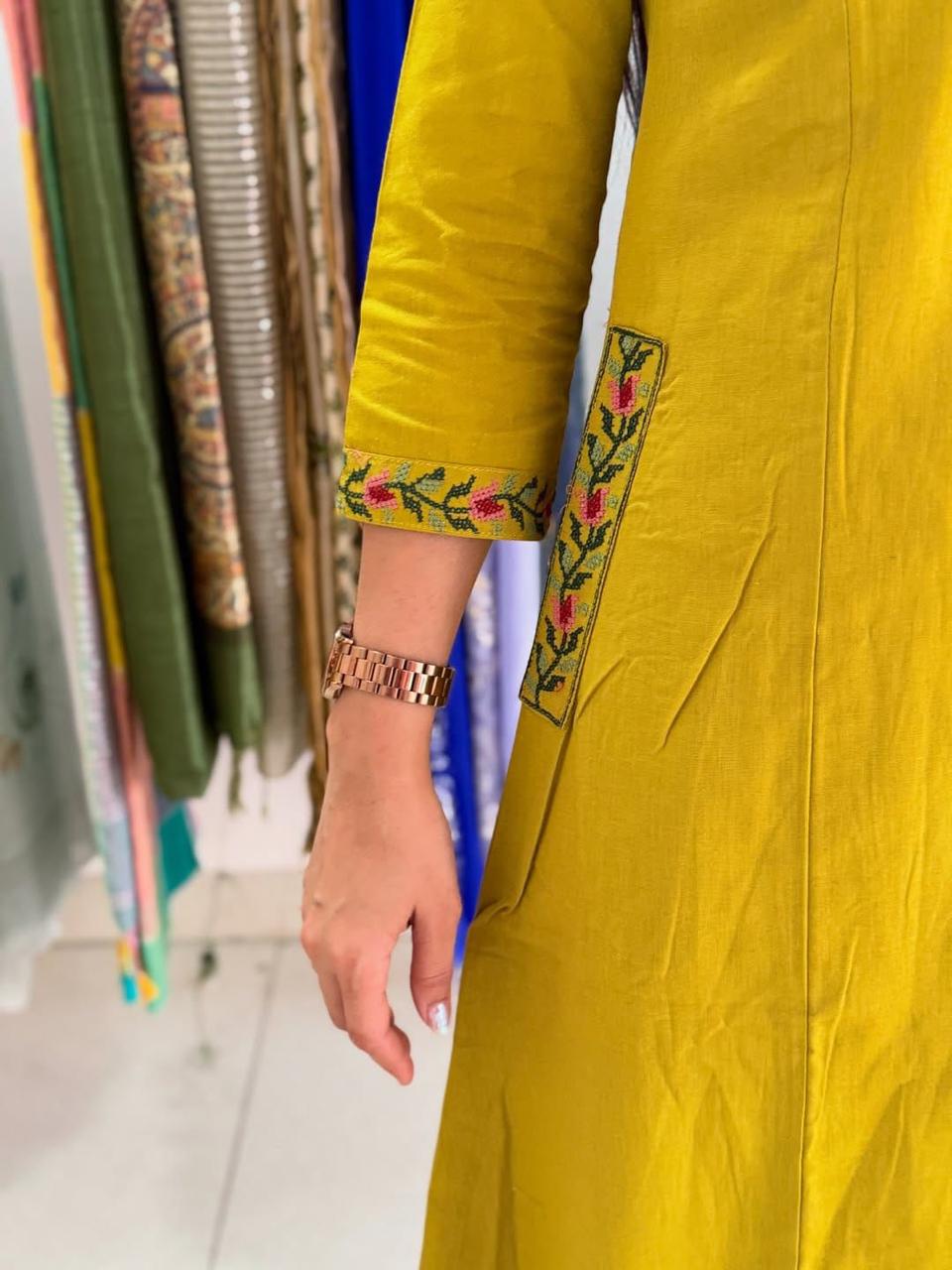 Mustard Yellow Cotton Kurta Set with Floral Embroidery