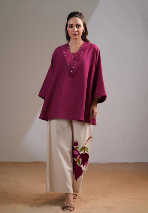 Magenta Flowy Tunic with Ivory Wide-Leg Floral Pants Set