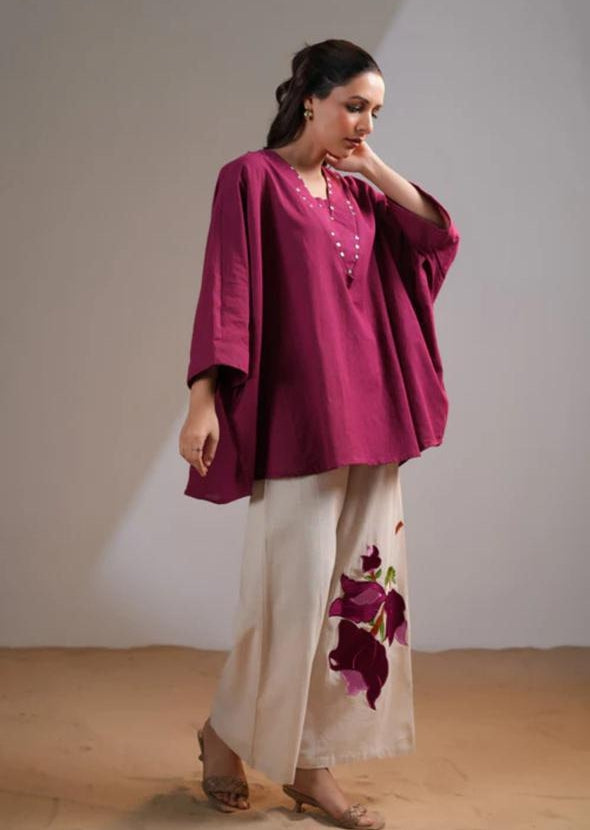 Magenta Flowy Tunic with Ivory Wide-Leg Floral Pants Set