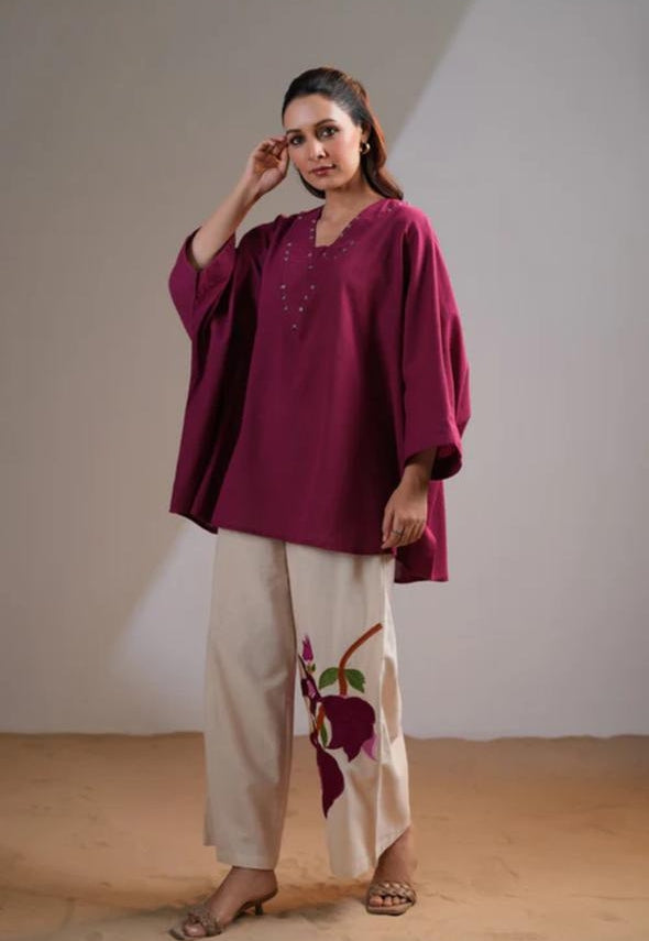 Magenta Flowy Tunic with Ivory Wide-Leg Floral Pants Set