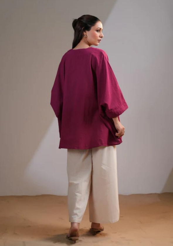 Magenta Flowy Tunic with Ivory Wide-Leg Floral Pants Set