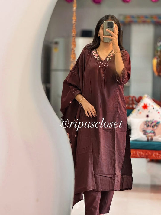 Maroon Embroidered Silk Blend Kaftan Kurta with Trousers
