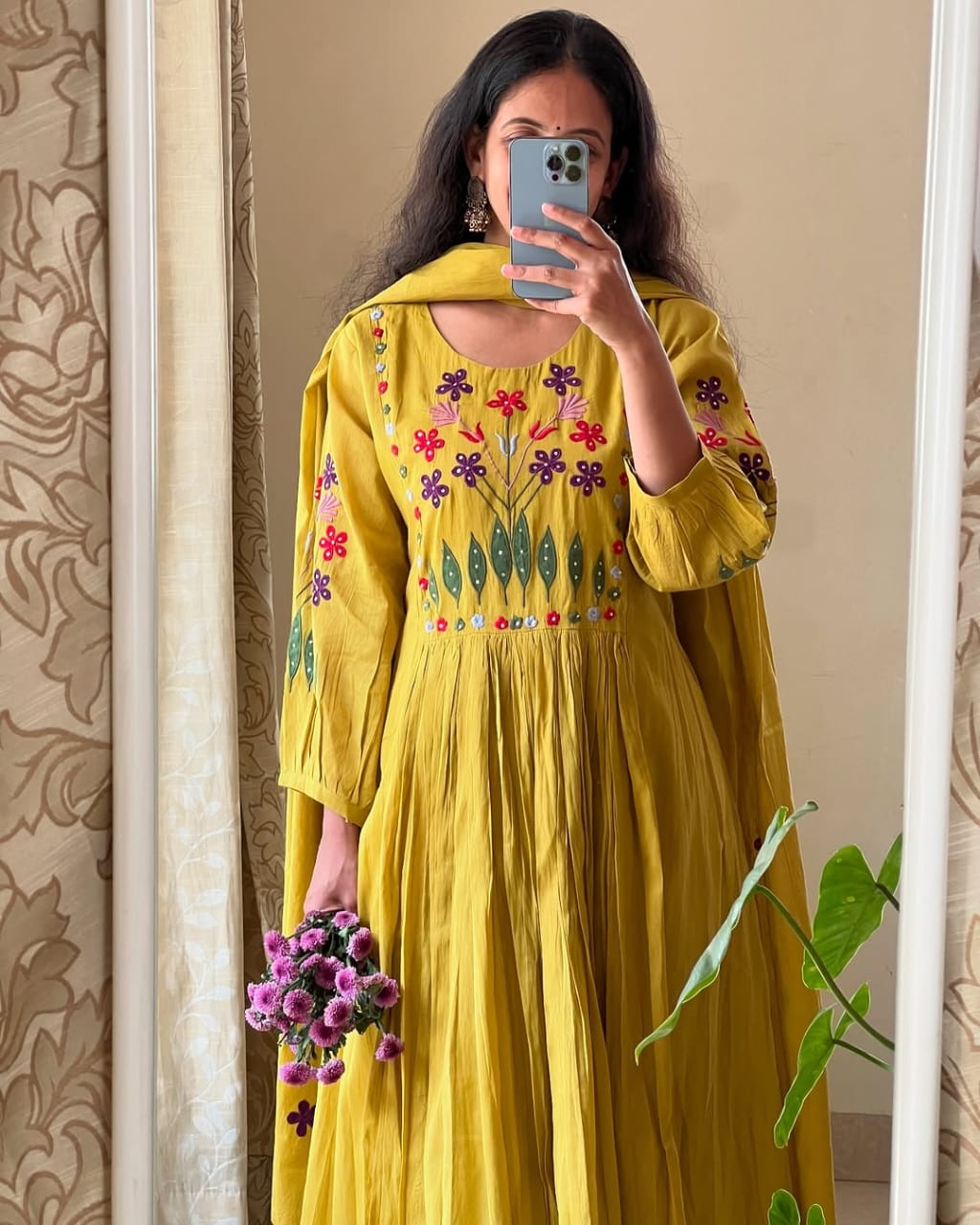 Mustard Yellow Floral Embroidered Anarkali Kurta with Dupatta