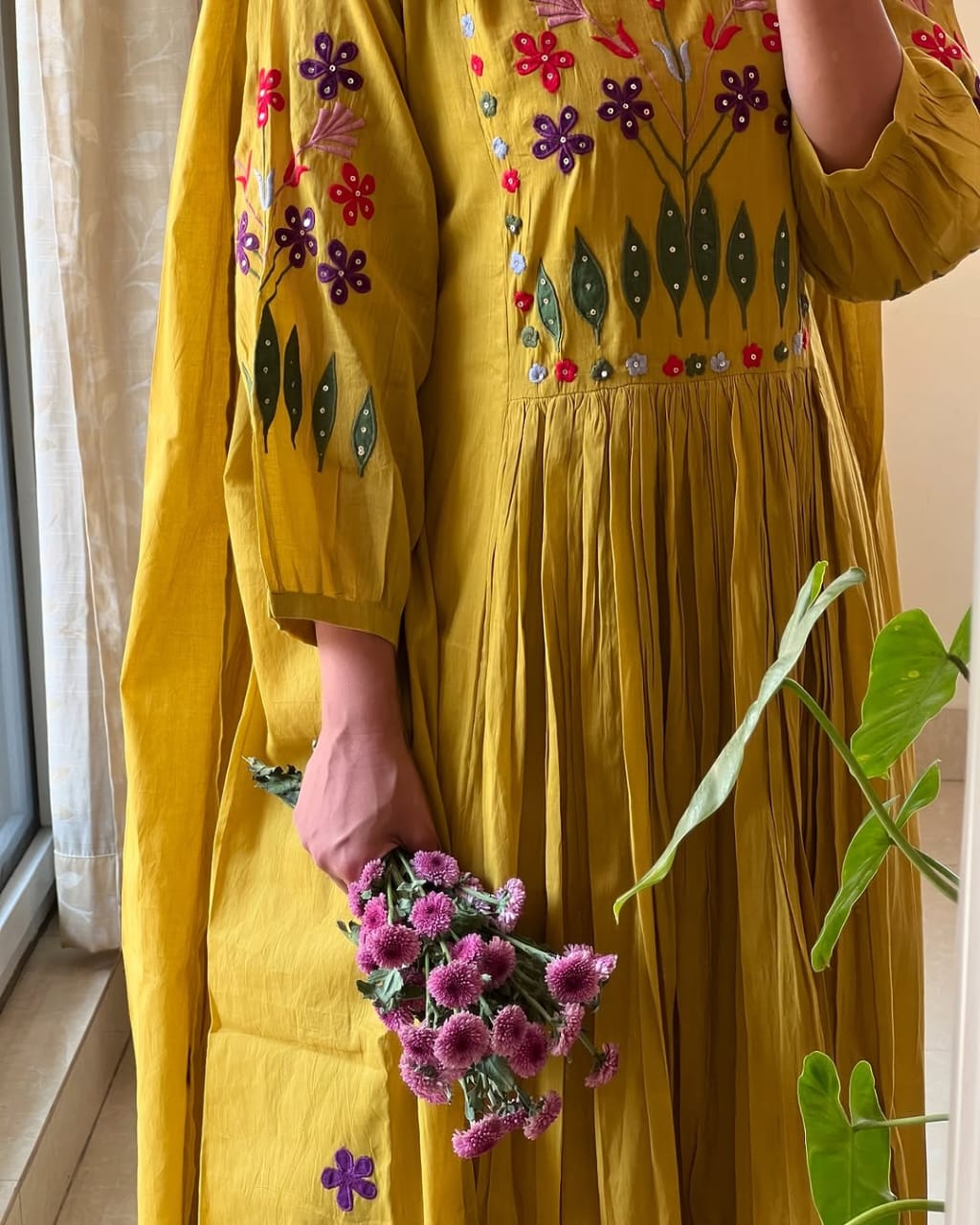 Mustard Yellow Floral Embroidered Anarkali Kurta with Dupatta