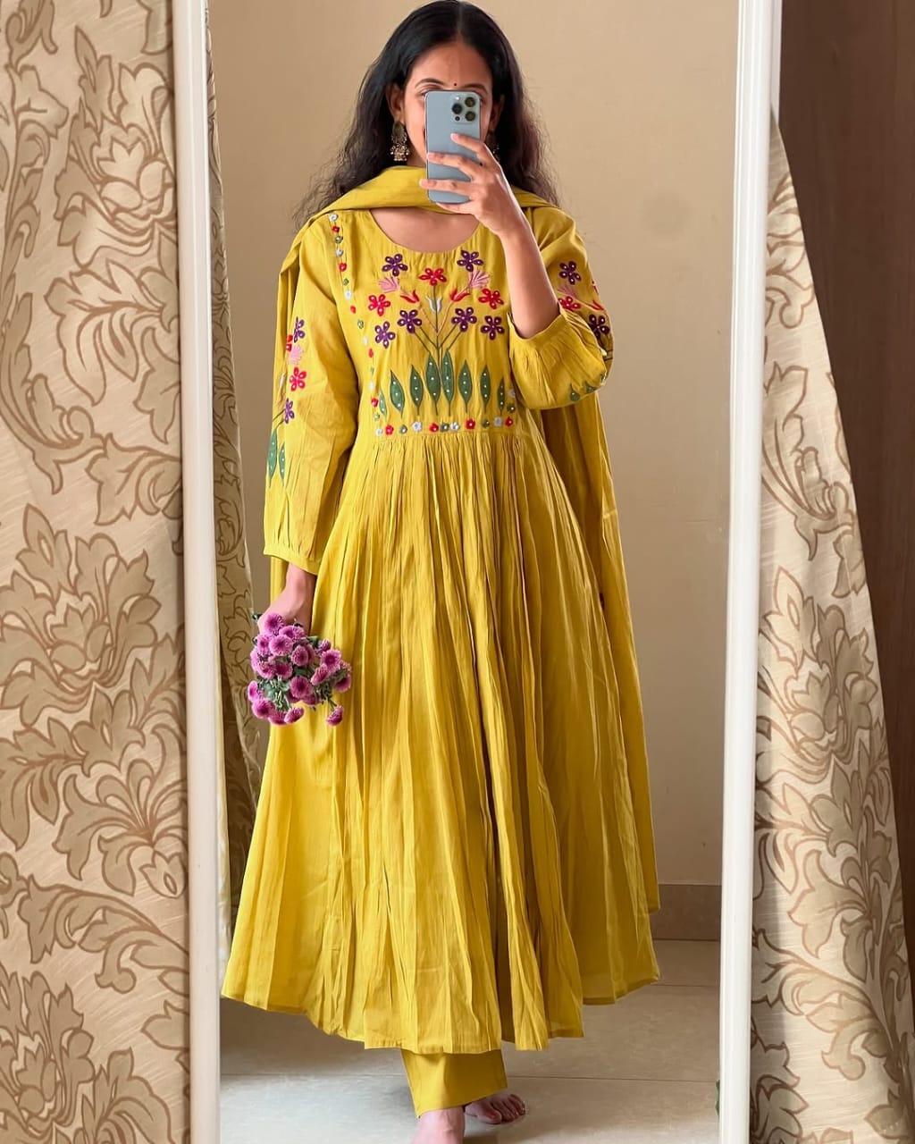 Mustard Yellow Floral Embroidered Anarkali Kurta with Dupatta