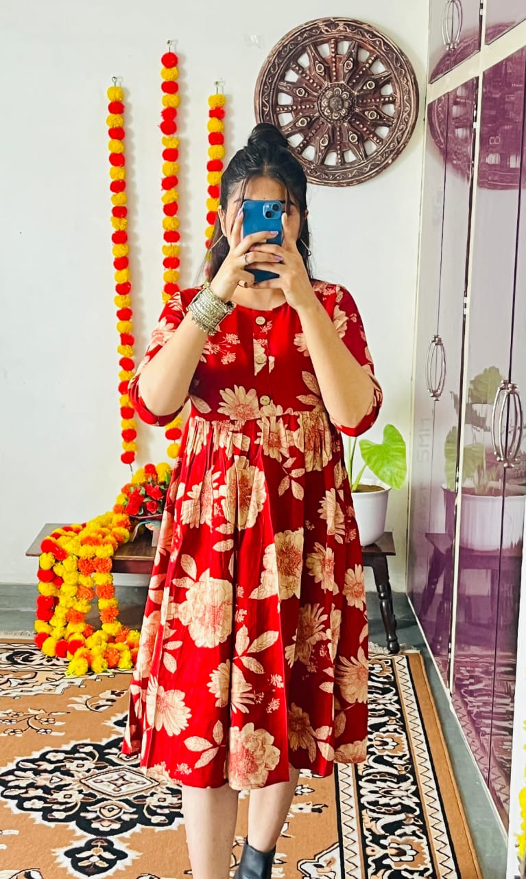 Red Floral Printed Fit & Flare Midi Dress with 3/4 Sleeves