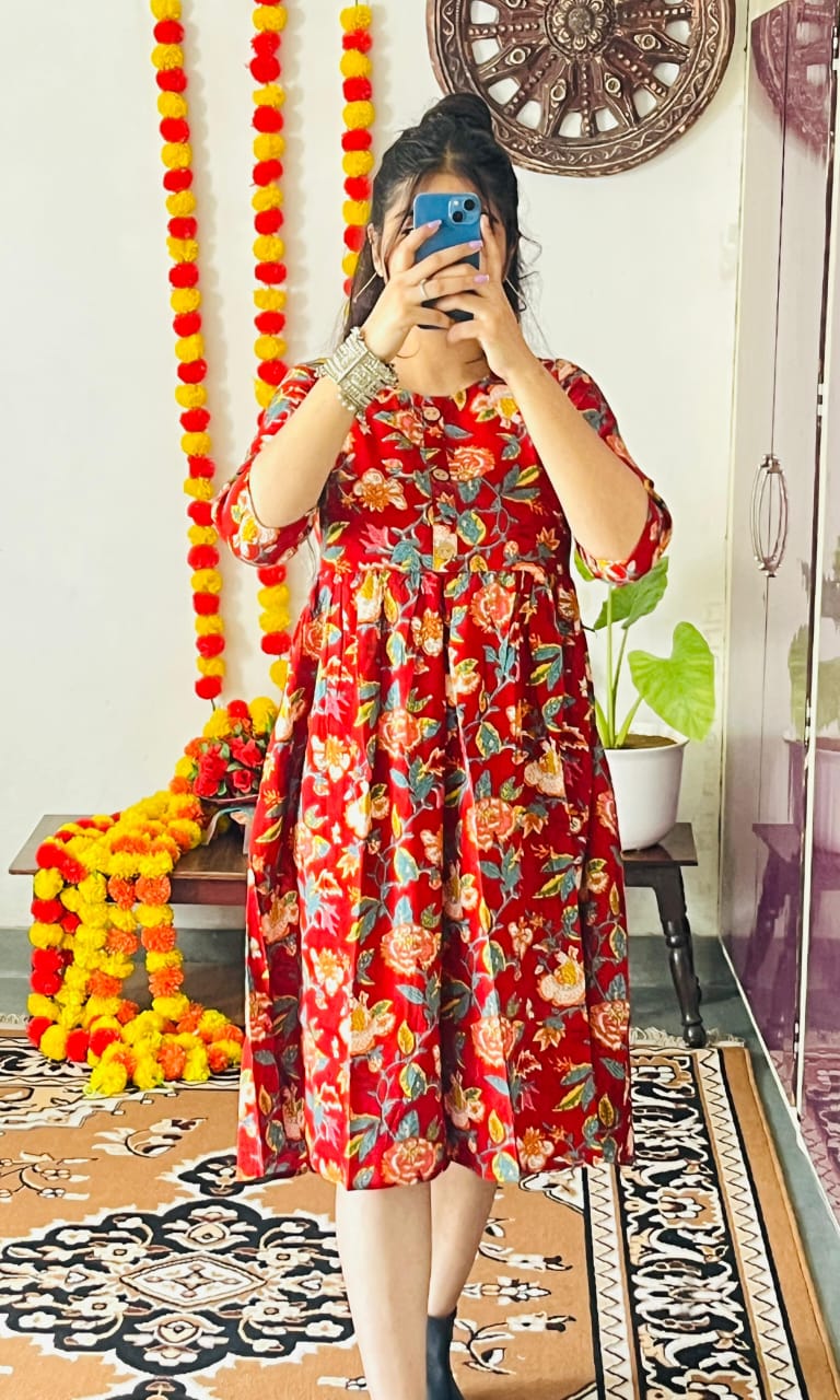 Red Floral Printed Fit & Flare Midi Dress with 3/4 Sleeves