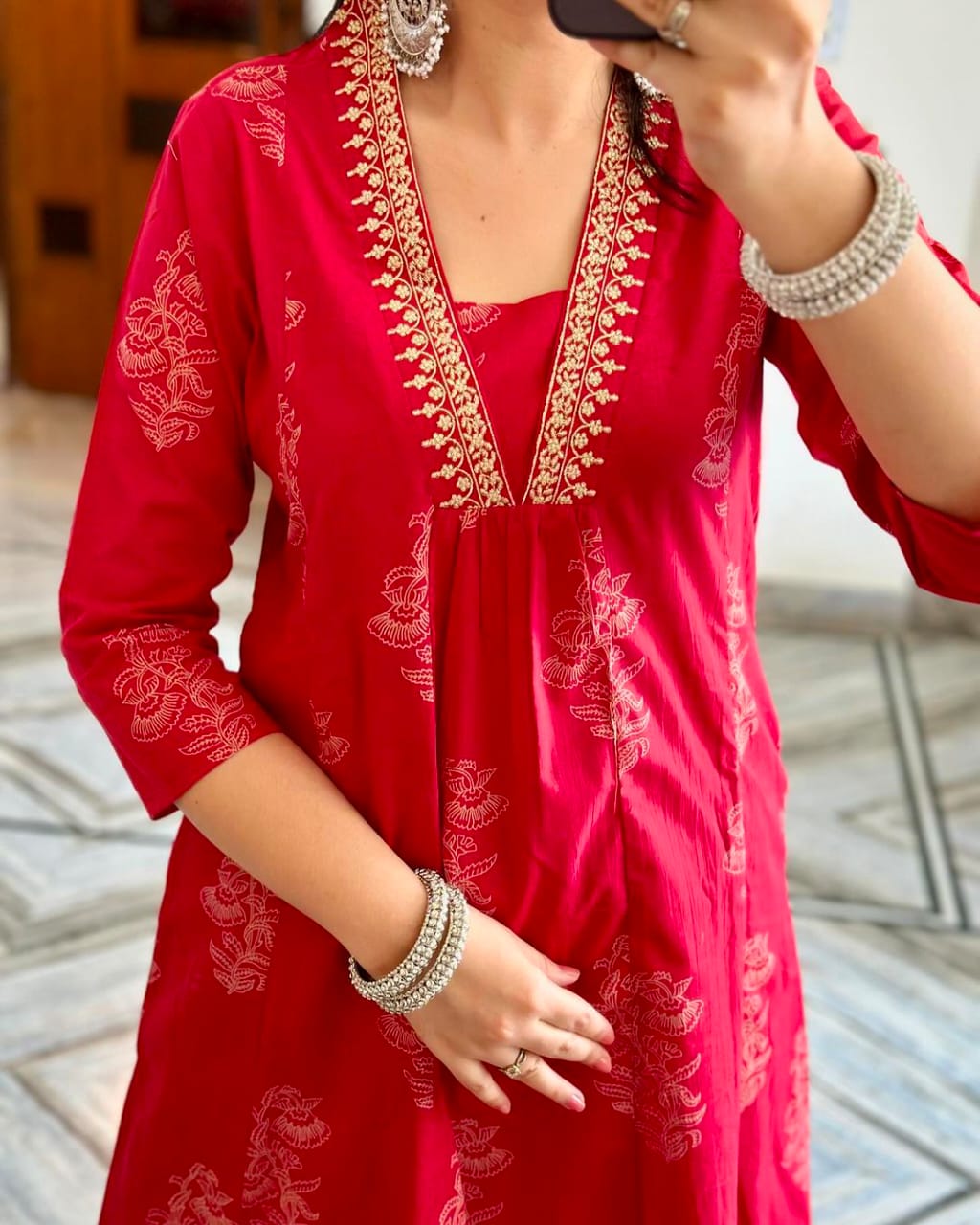 Red Ethnic Printed Kurta with Embroidered Neckline