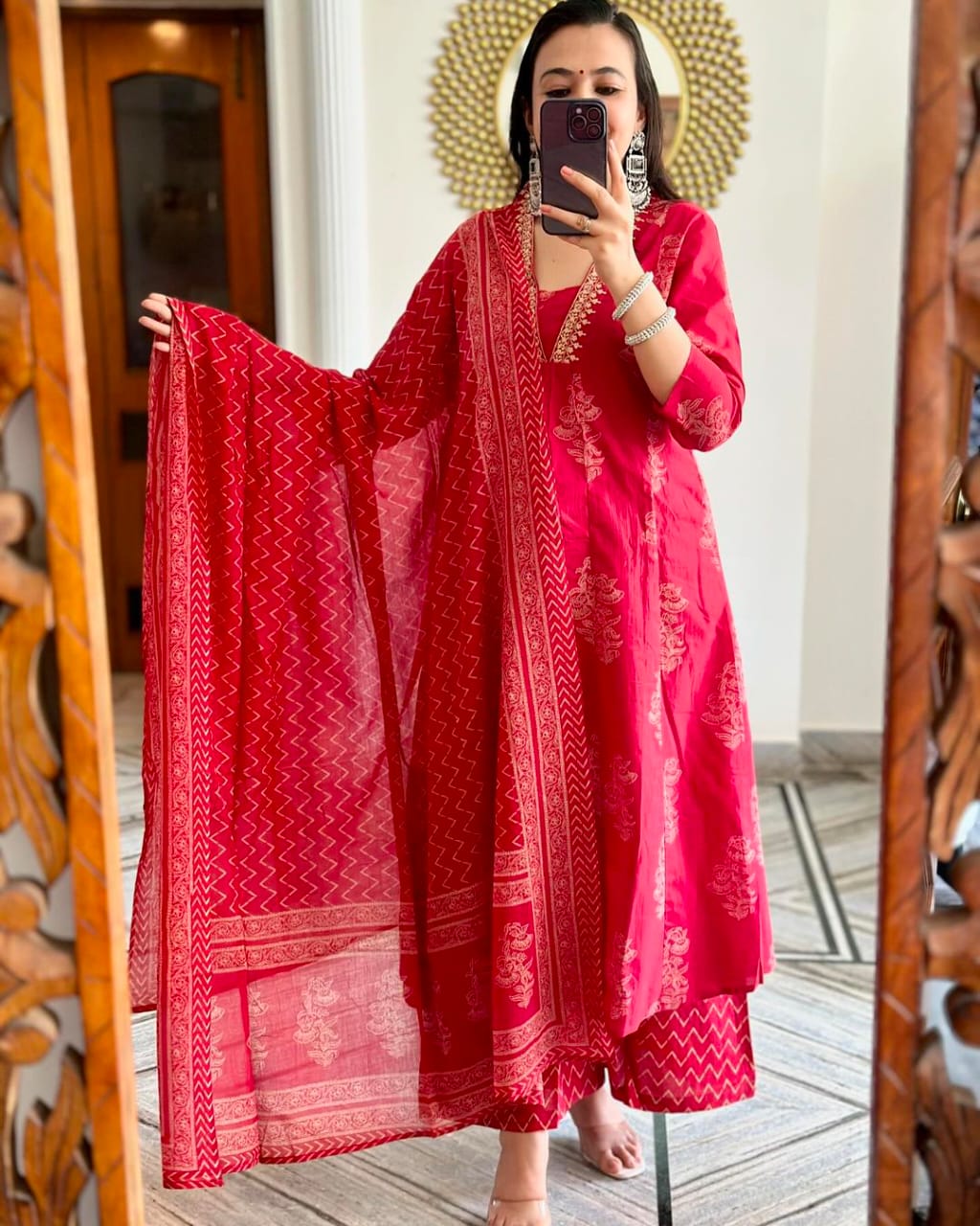 Red Ethnic Printed Kurta with Embroidered Neckline
