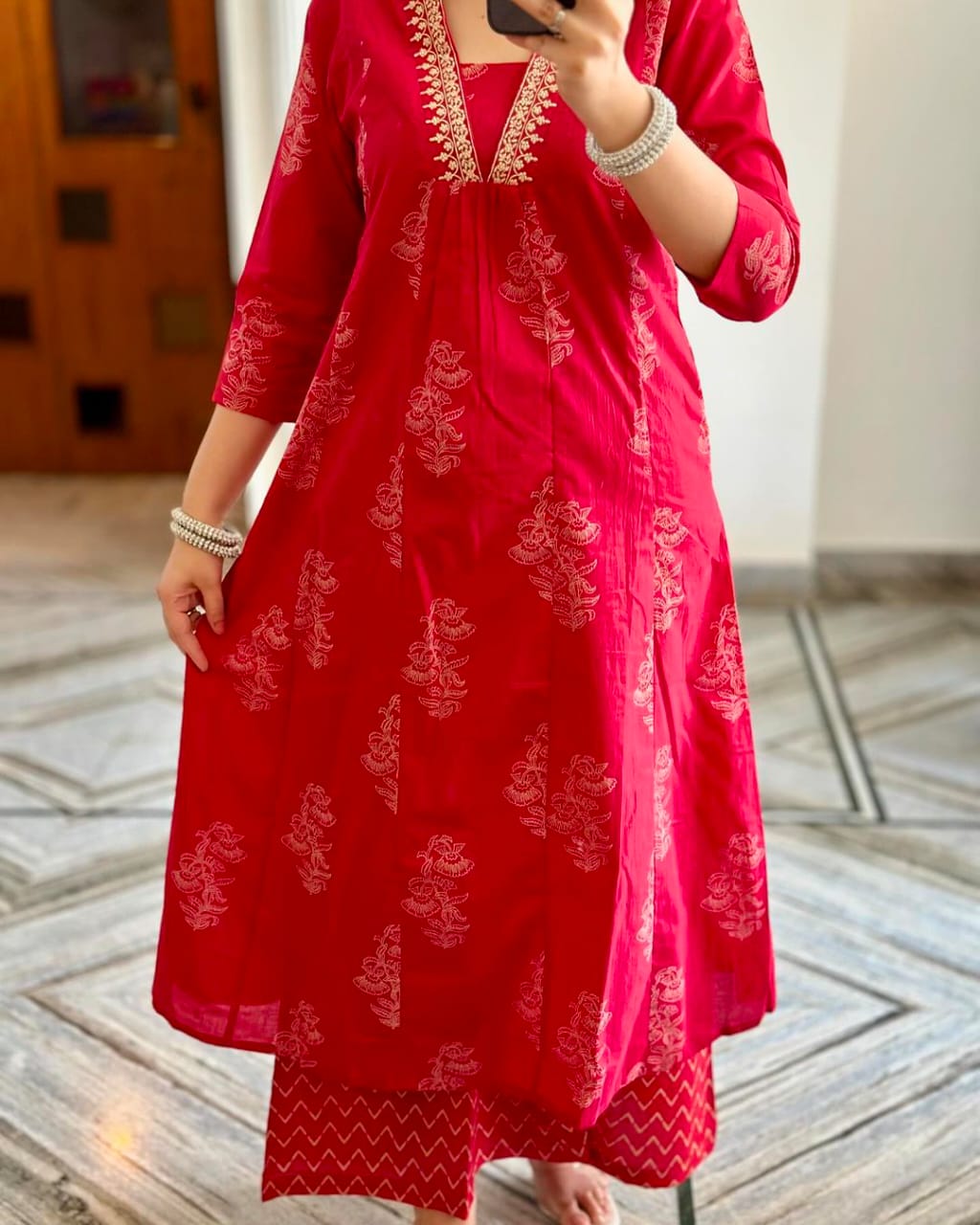Red Ethnic Printed Kurta with Embroidered Neckline