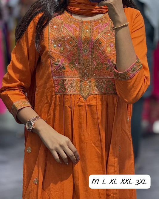 Women's Mirror Work & Embroidered Cotton Kurta with Dupatta