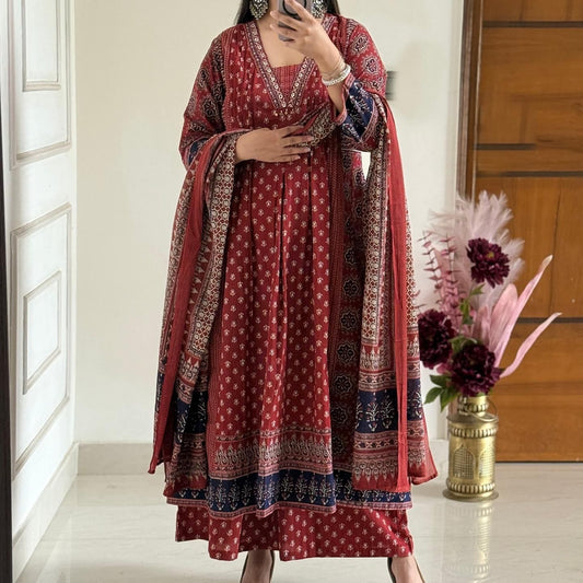 Ethnic Block Print Anarkali Kurta Set with Dupatta
