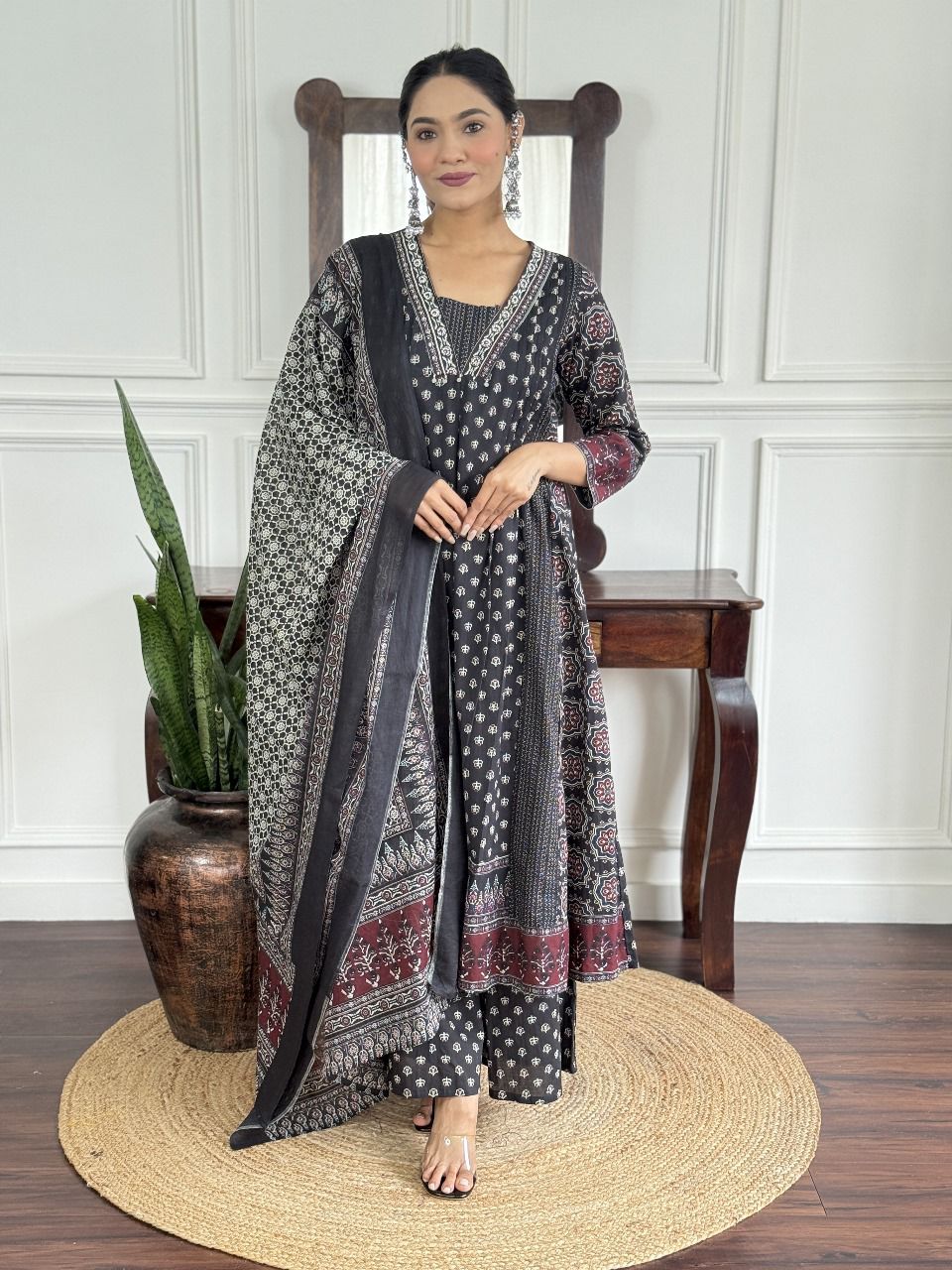 Ethnic Block Print Anarkali Kurta Set with Dupatta