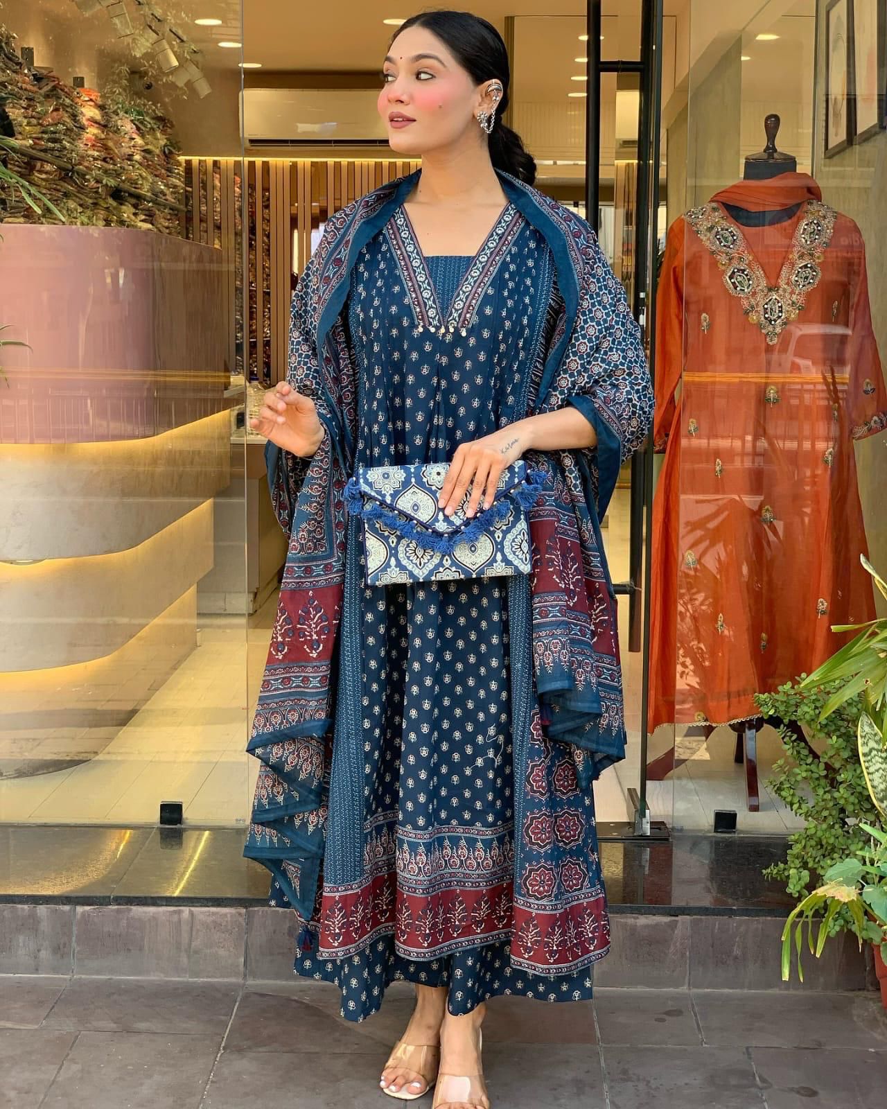 Ethnic Block Print Anarkali Kurta Set with Dupatta