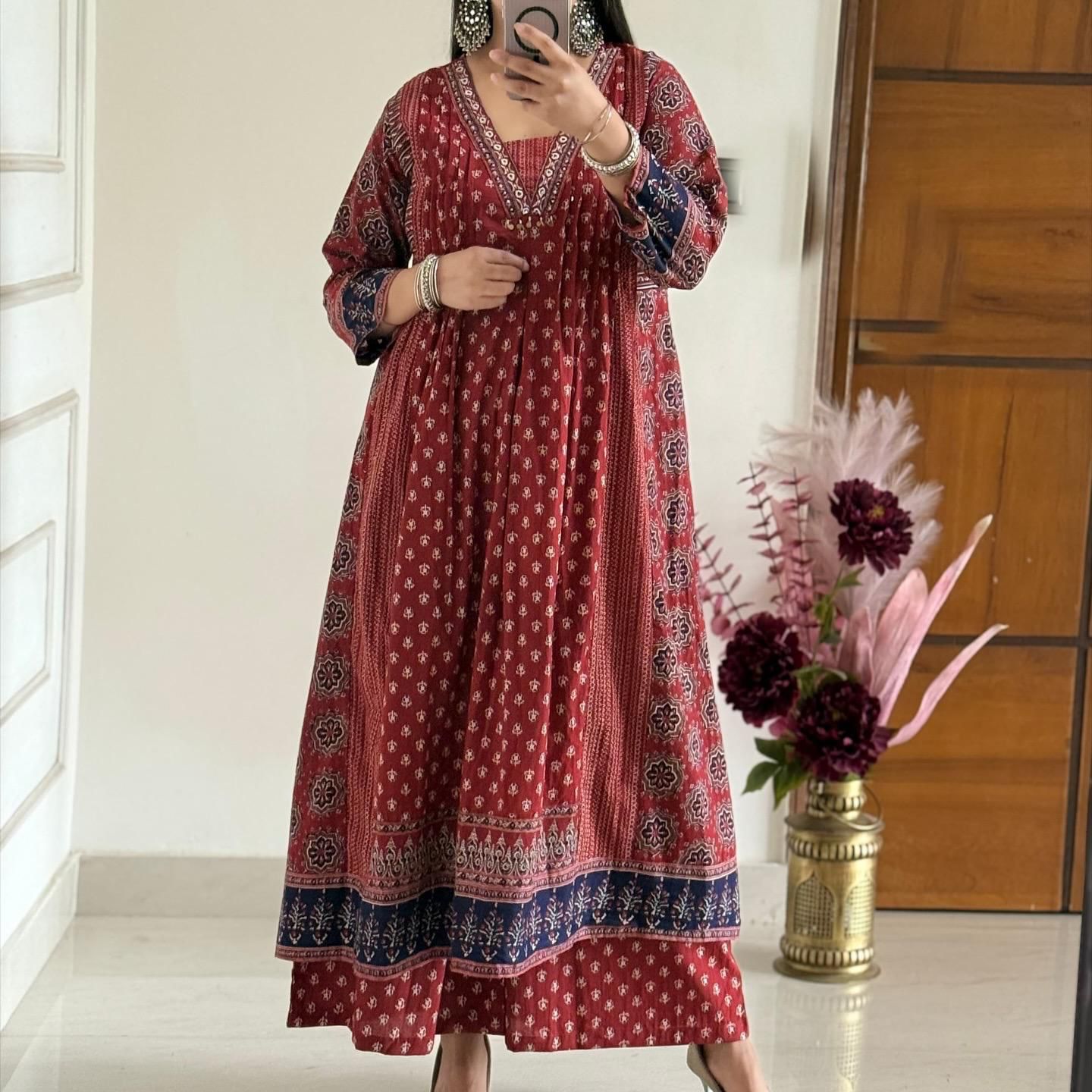 Ethnic Block Print Anarkali Kurta Set with Dupatta