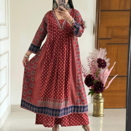 Ethnic Block Print Anarkali Kurta Set with Dupatta