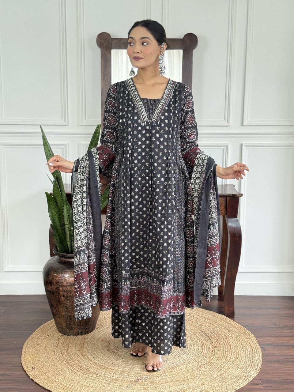 Ethnic Block Print Anarkali Kurta Set with Dupatta